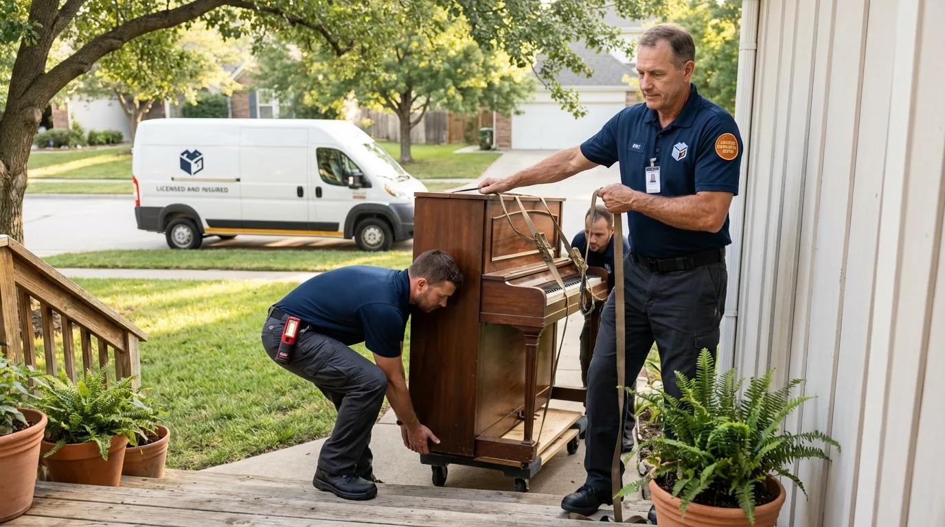 Licensed piano movers securing grand piano in Norwood, NC