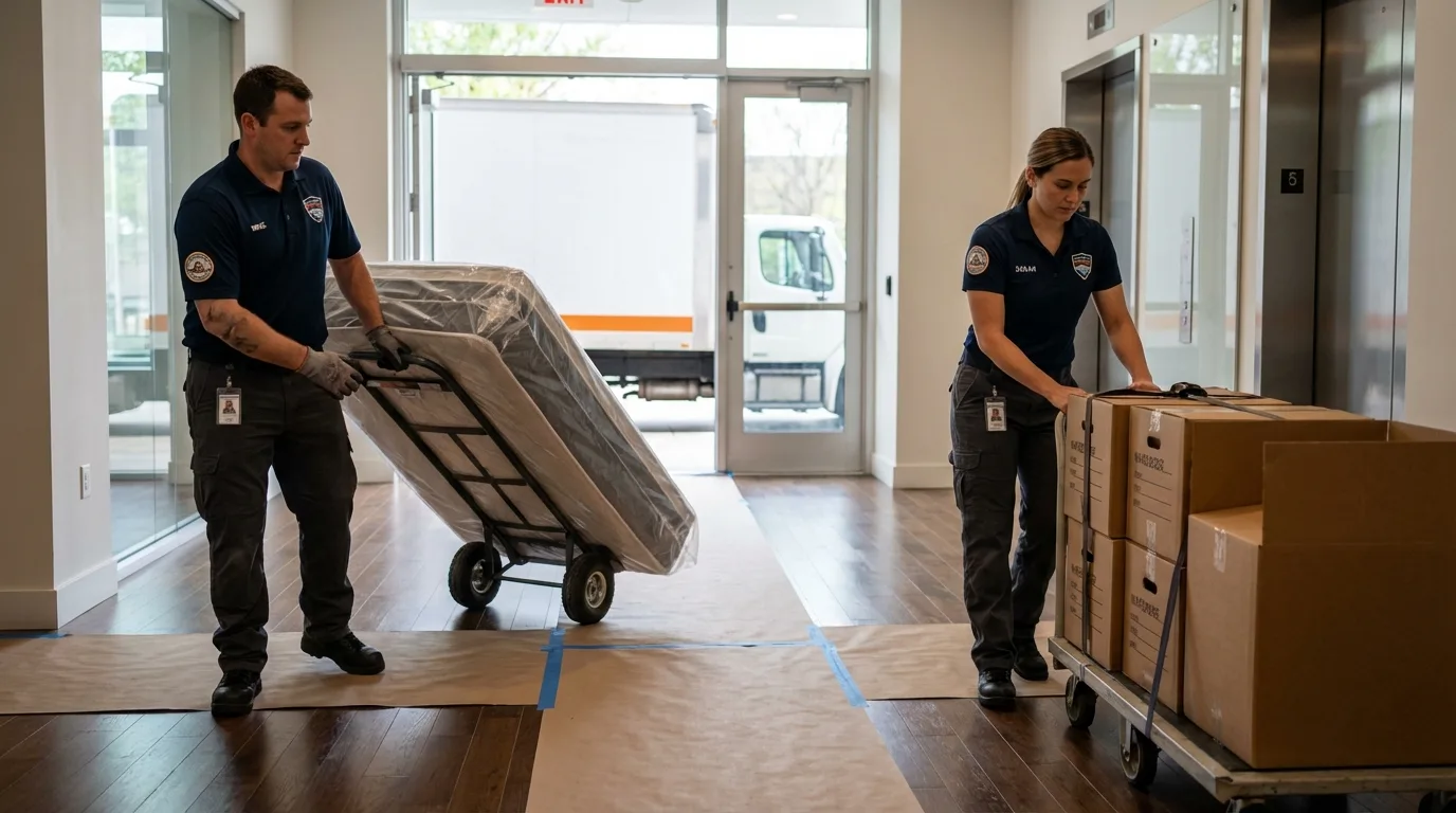 Professional apartment movers loading elevator in Norwood, NC