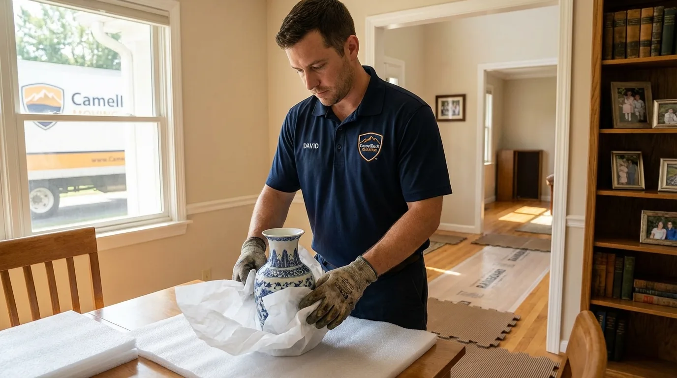 Professional crew carefully wrapping antique vase for senior downsizing move in Norwood, NC